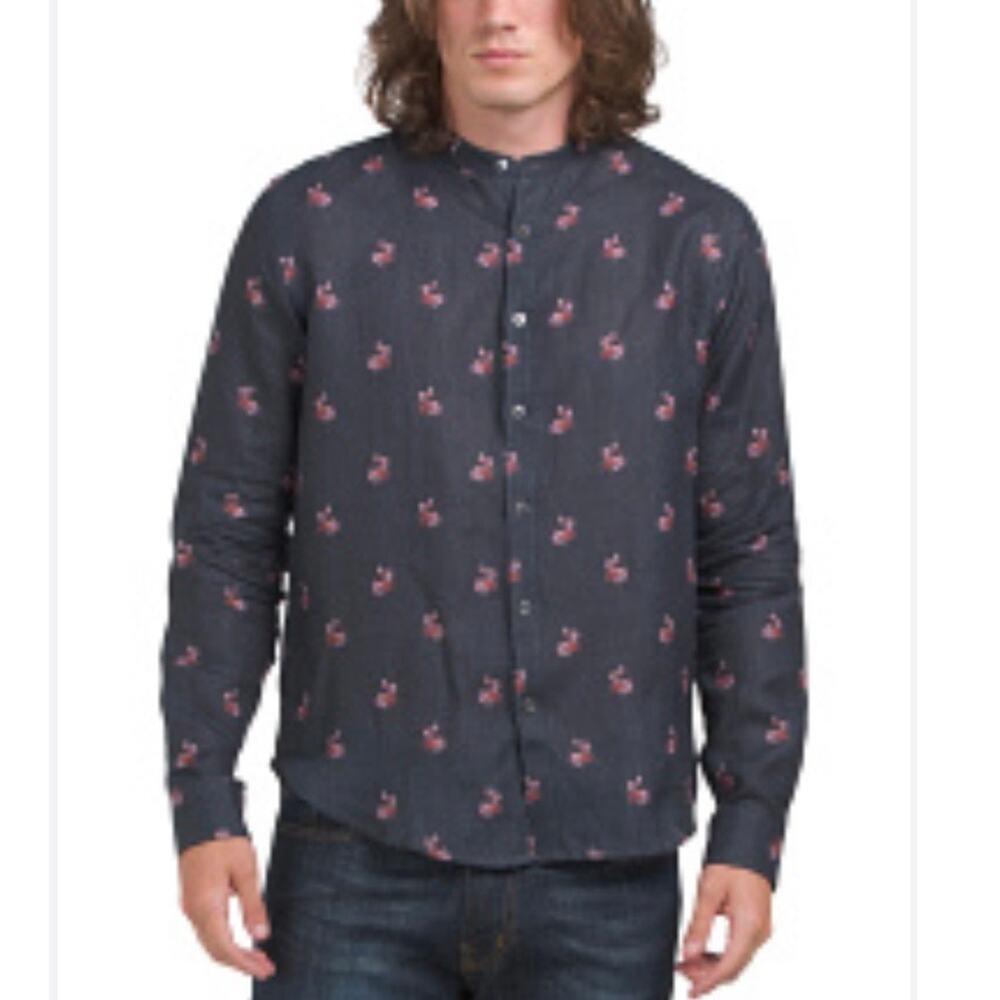 European Linen Mens M Stitch Note Band Collar Floral Button Up Top Long Sleeve‎
